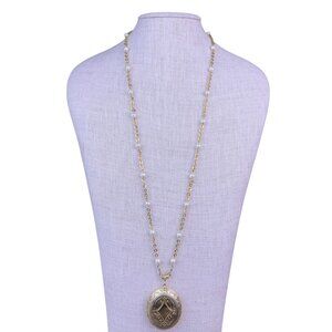 1928 Womens Gold Tone Metal Locket Necklace With Faux Pearl Accents Long Length
